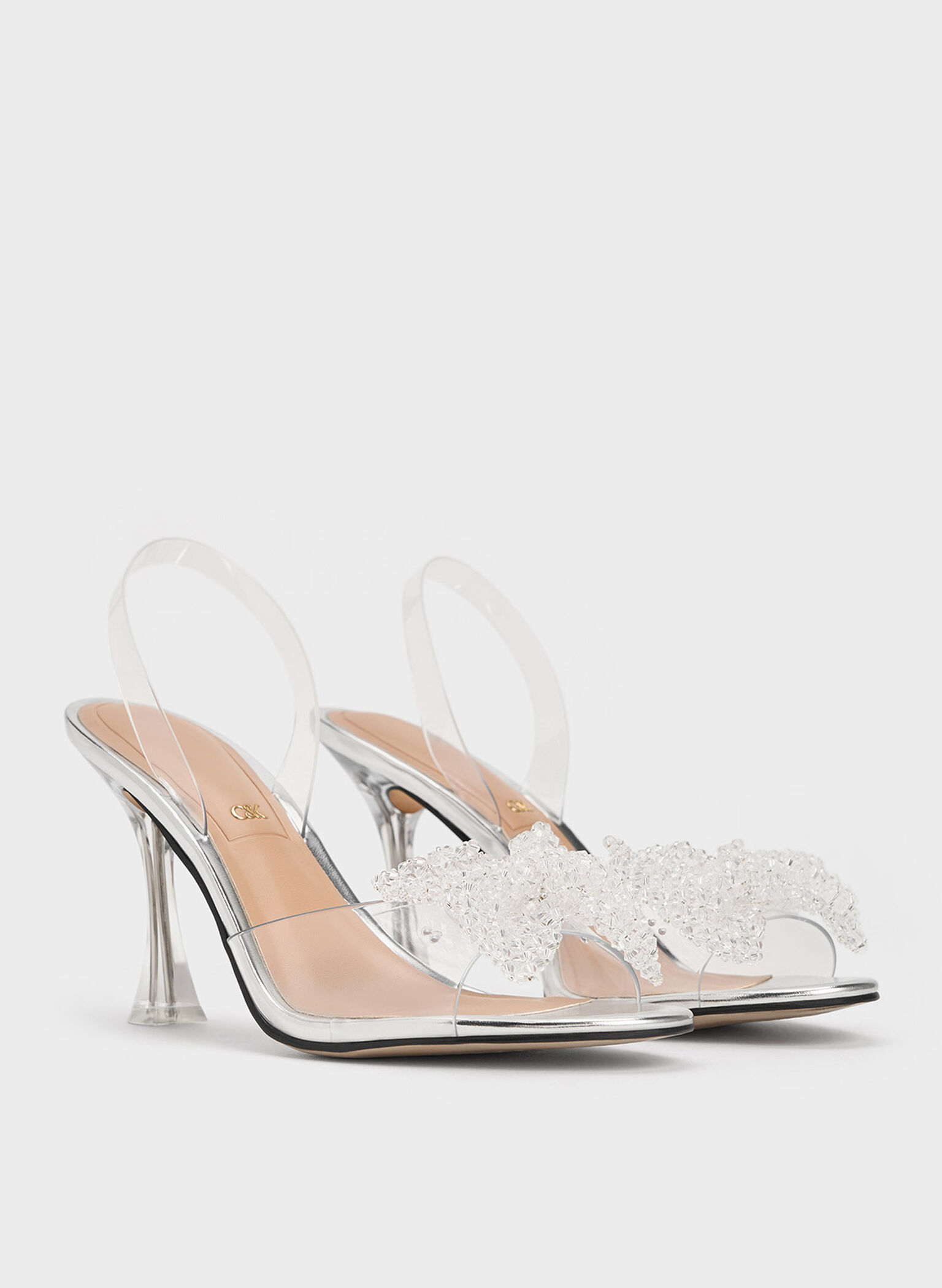 See-Through Beaded Bow Slingback Pumps, Clear, hi-res