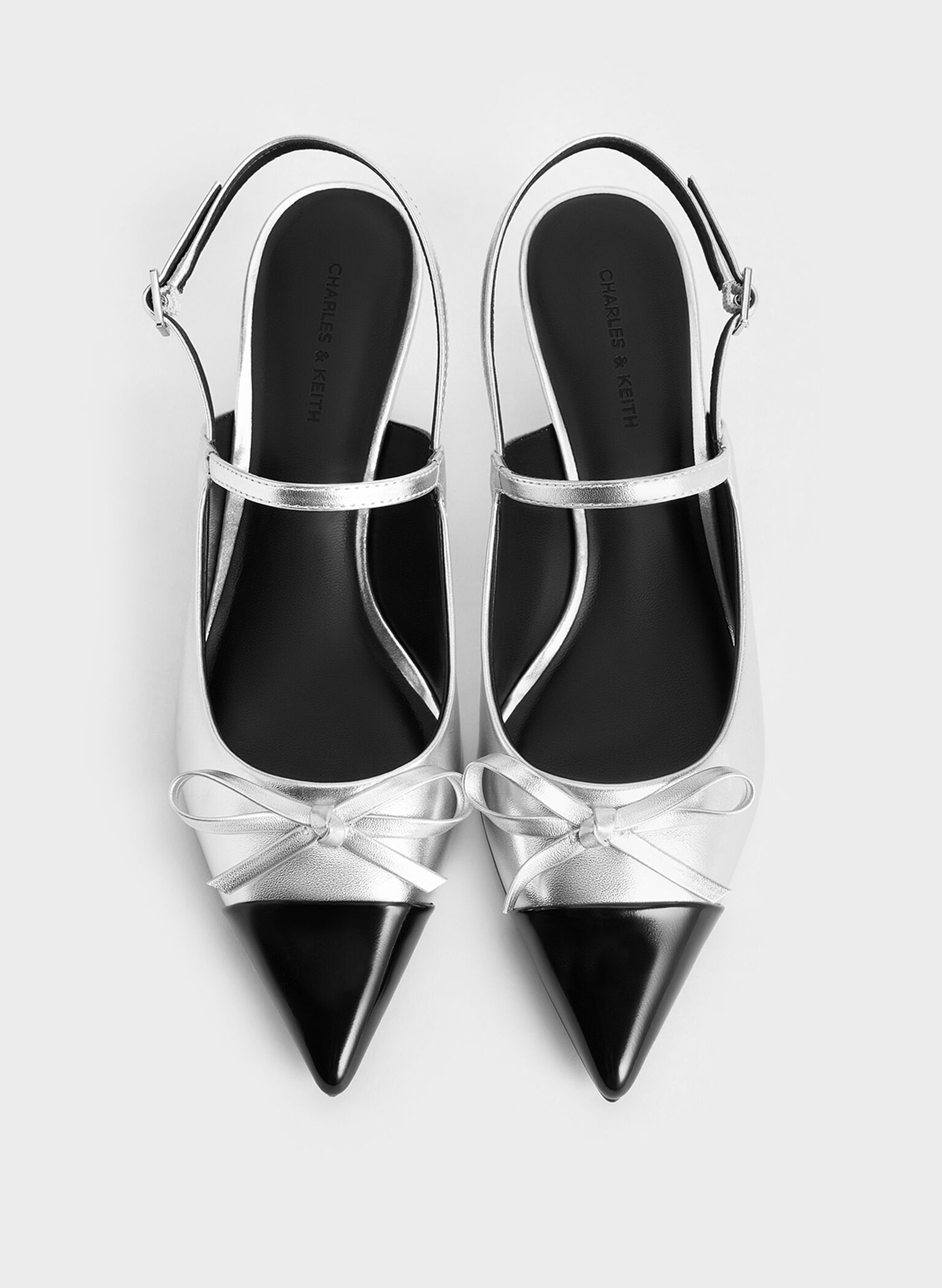Metallic Bow Cap-Toe Kitten-Heel Slingback Pumps, Silver, hi-res