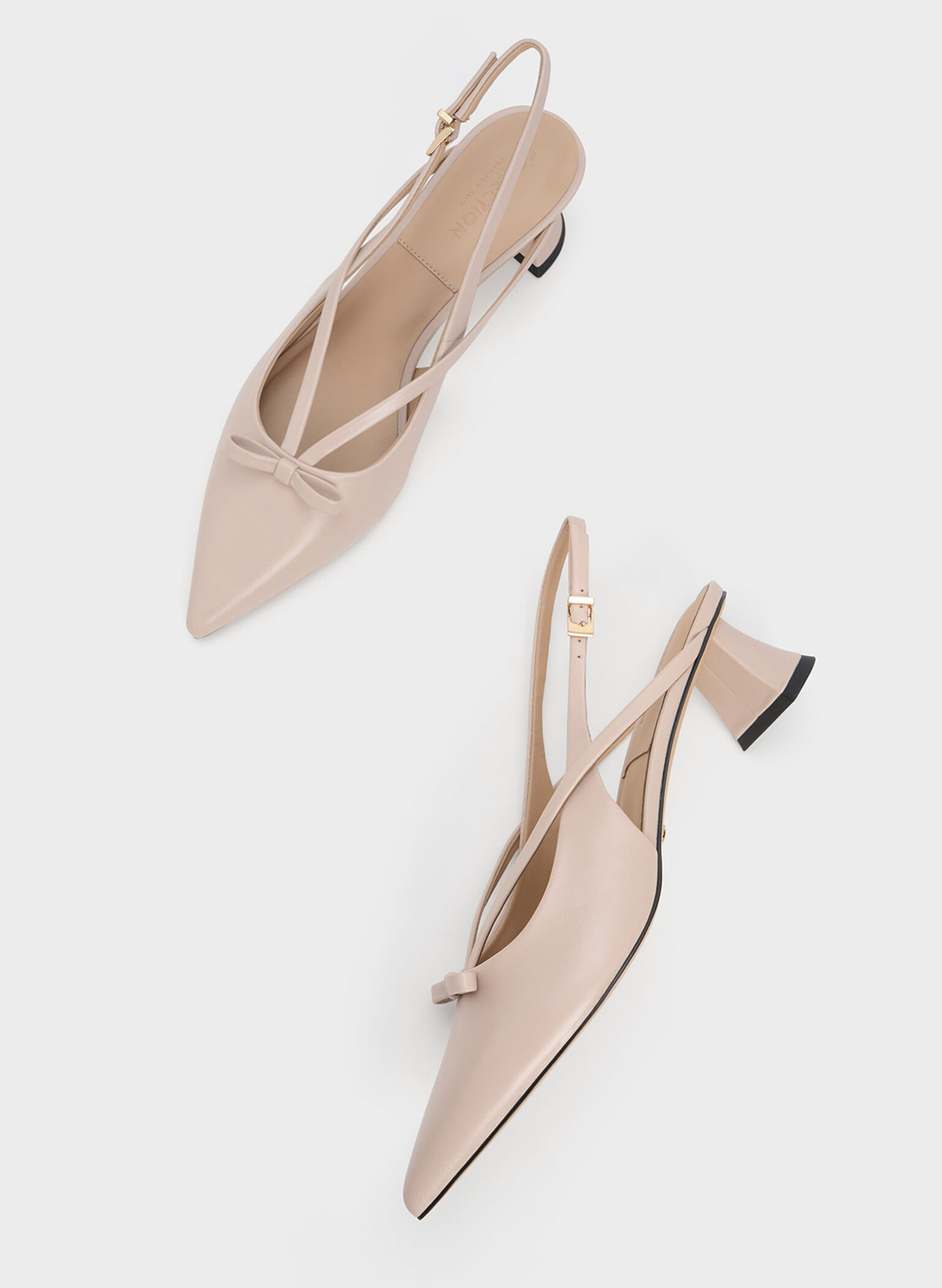 Leather Bow Strappy Slingback Pumps, Nude, hi-res