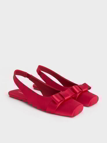 Satin Bow Slingback Ballet Flats, Red, hi-res