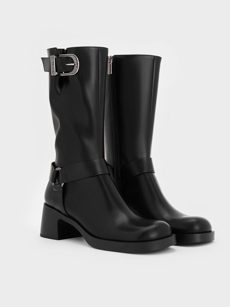 Kirke Buckled Mid-Calf Biker Boots, Black, hi-res