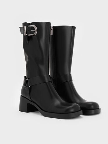 Kirke Buckled Mid-Calf Biker Boots, Black, hi-res