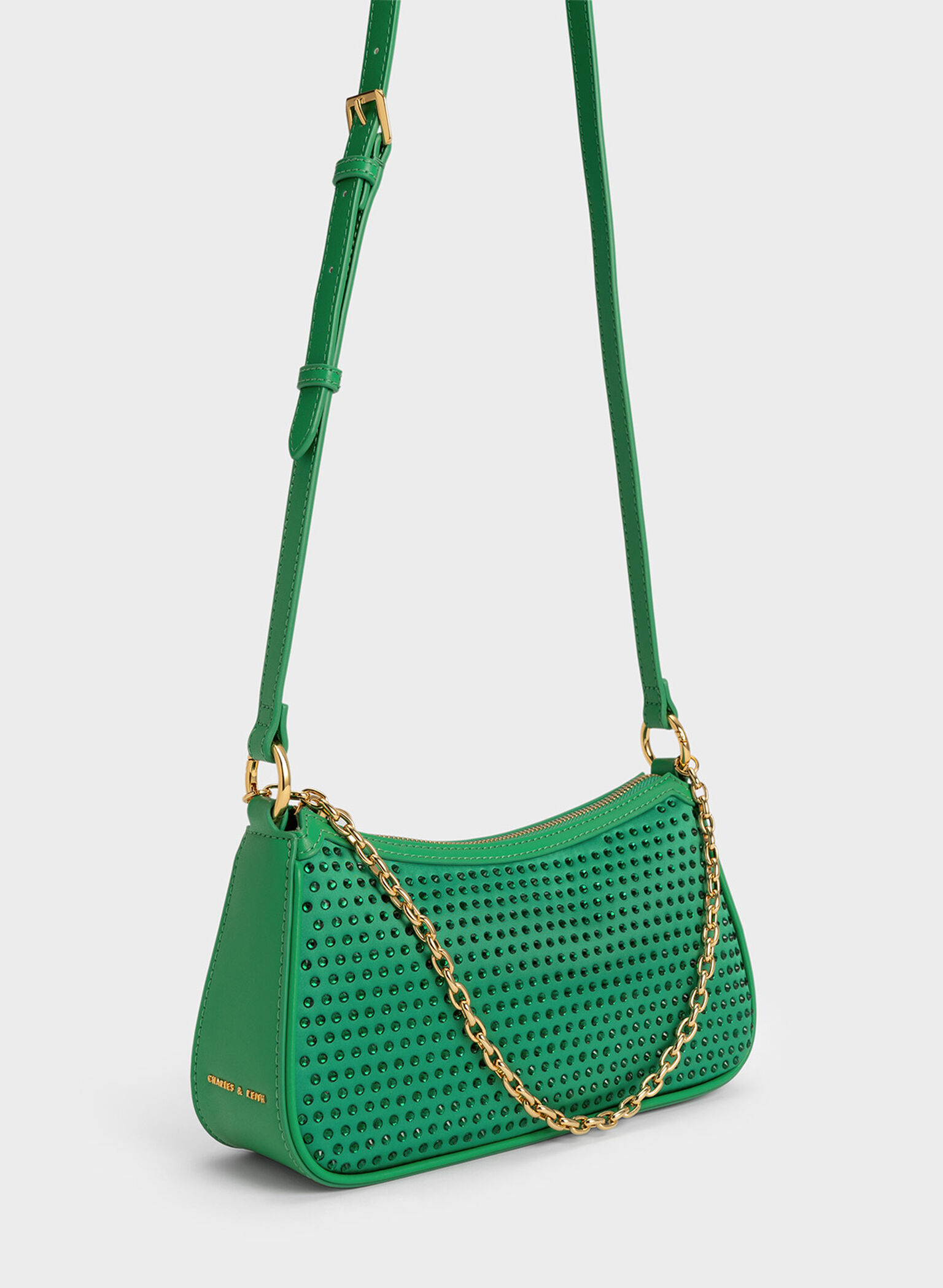 Crystal-Embellished Satin Shoulder Bag, Green, hi-res