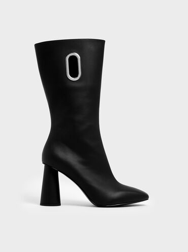 Eyelet Detail Cylindrical Heel Calf Boots, Black, hi-res