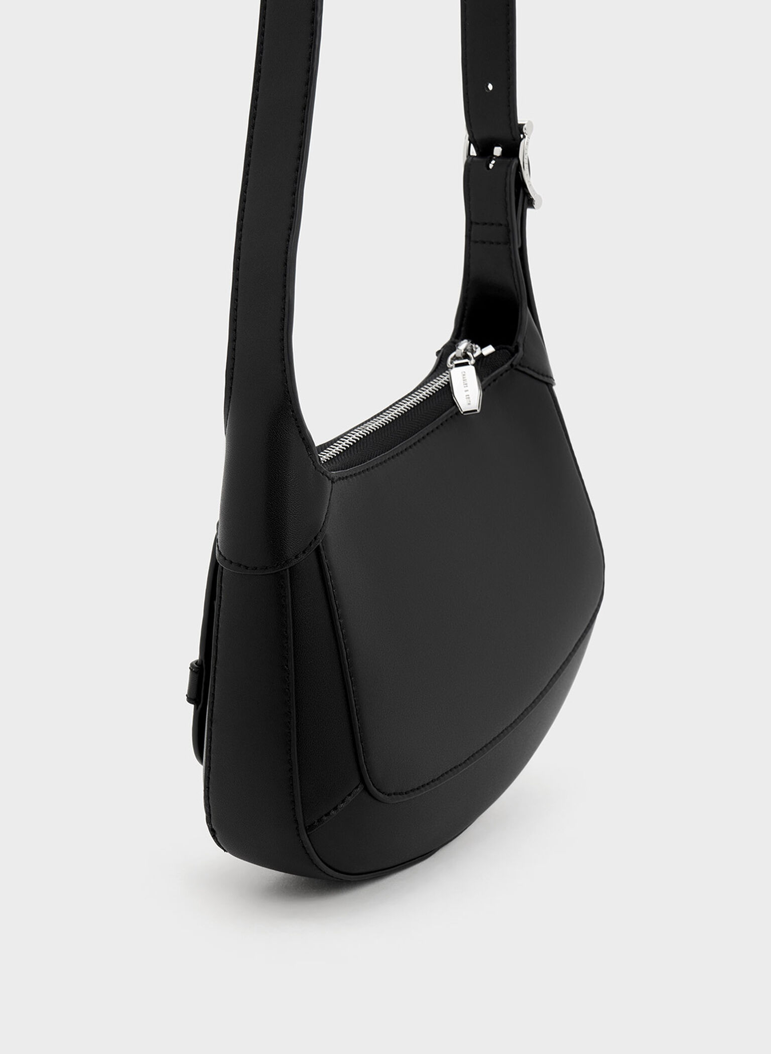 Metallic-Accent Curved Shoulder Bag, Black, hi-res