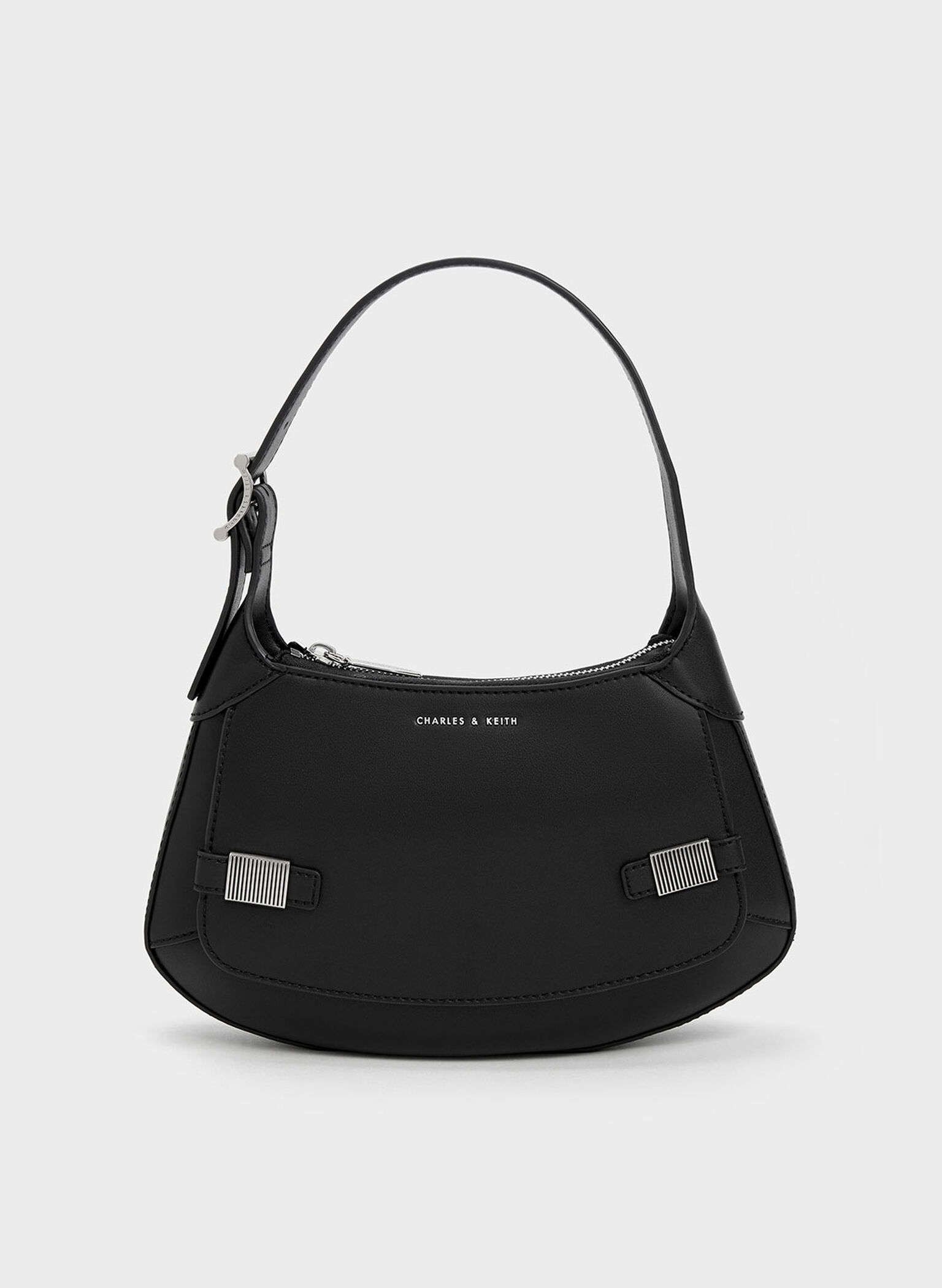 Metallic-Accent Curved Shoulder Bag, Black, hi-res