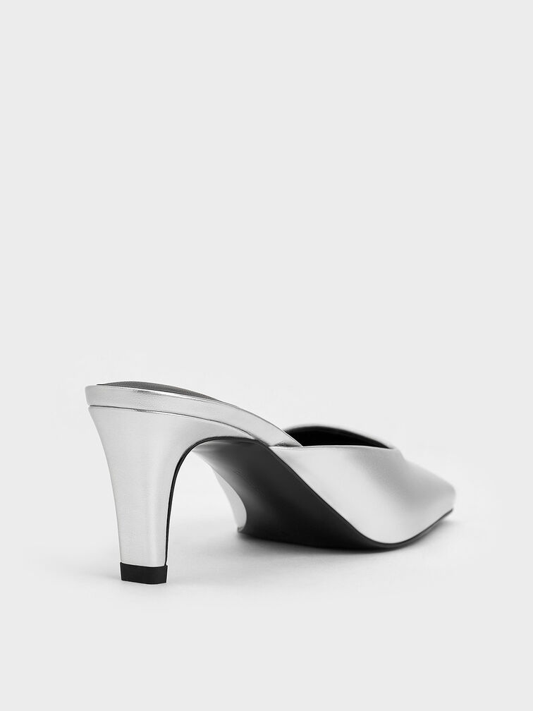 Metallic Square-Toe Blade-Heel Mules, Silver, hi-res