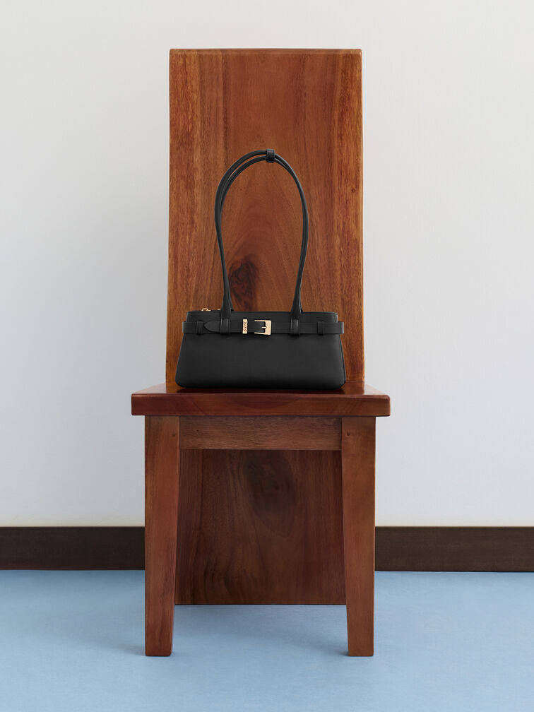 Jody Leather Belted Shoulder Bag, Black, hi-res