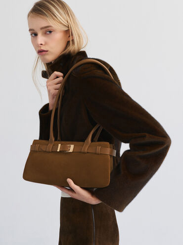 Jody Suede Belted Shoulder Bag, Ember Brown, hi-res
