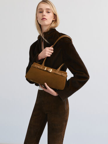 Jody Suede Belted Shoulder Bag, Ember Brown, hi-res