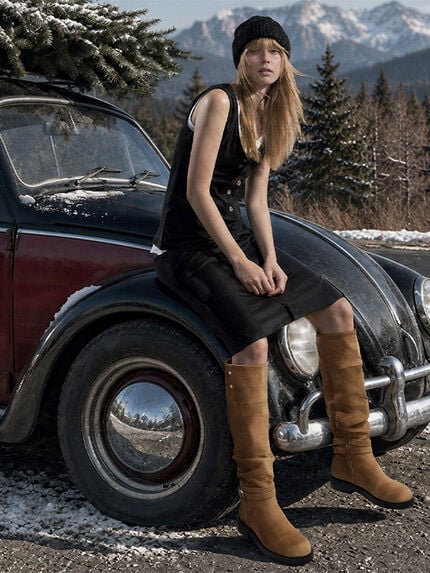 Camel Eilis Faux Suede Thigh-High Boots - CHARLES & KEITH
