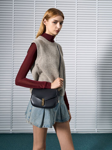 Aurelia Metallic-Accent Saddle Bag, Black, hi-res