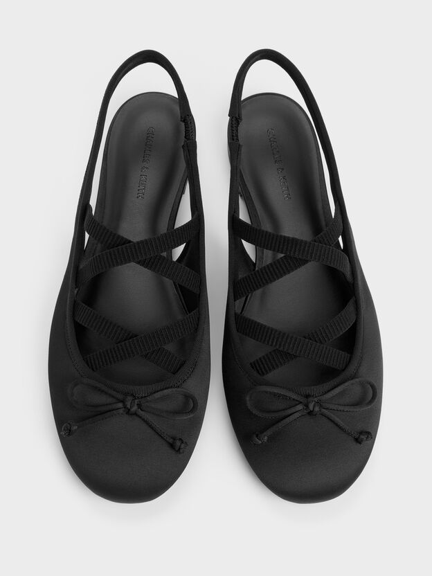 Satin Crossover Slingback Ballet Flats, Black Textured, hi-res