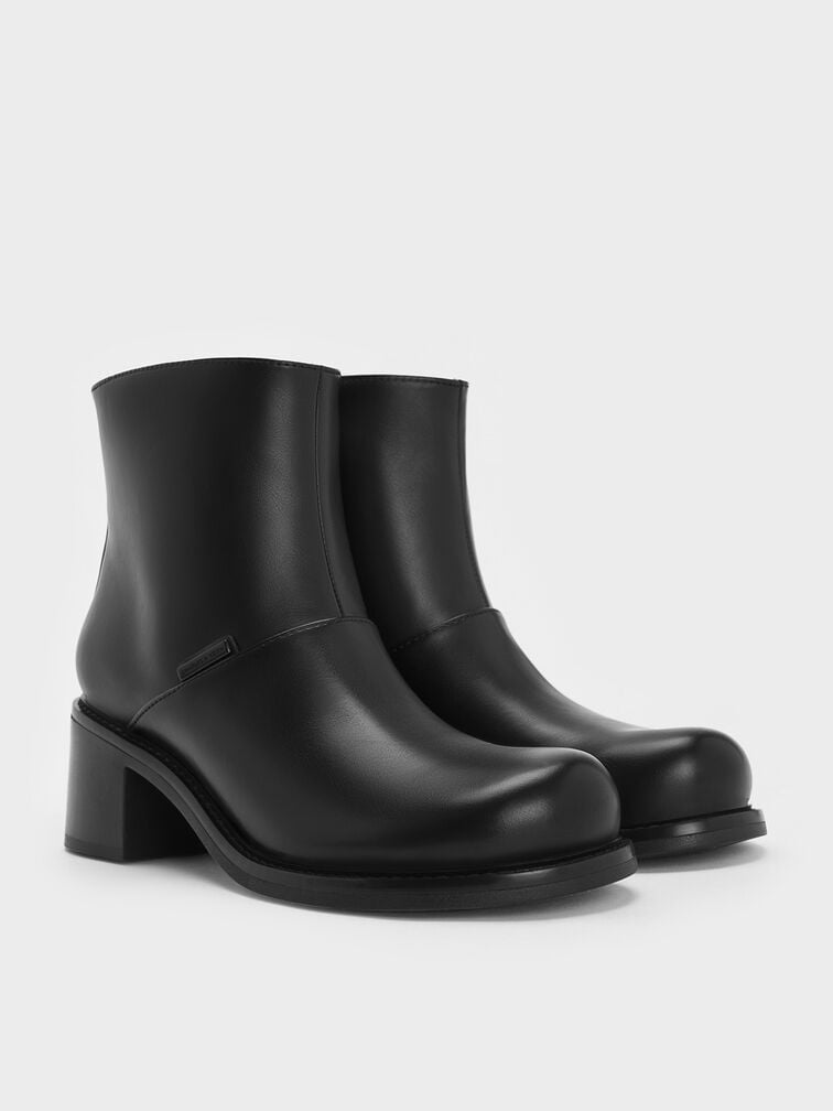Stitch-Trim Block-Heel Ankle Boots, Black, hi-res