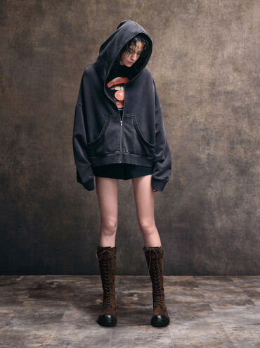 Darian Faux Suede Lace-Up Buckle-Strap Knee-High Boots, Dark Brown Textured, hi-res