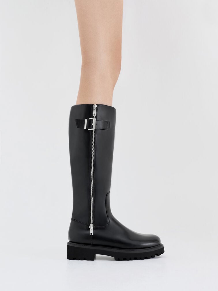 Lyndon Buckled Side-Zip Knee-High Boots, Black, hi-res