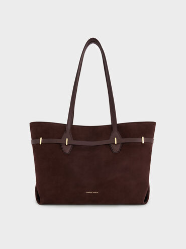 Arlet Recycled Suede Double-Handle Belted Tote Bag, Espresso Brown, hi-res
