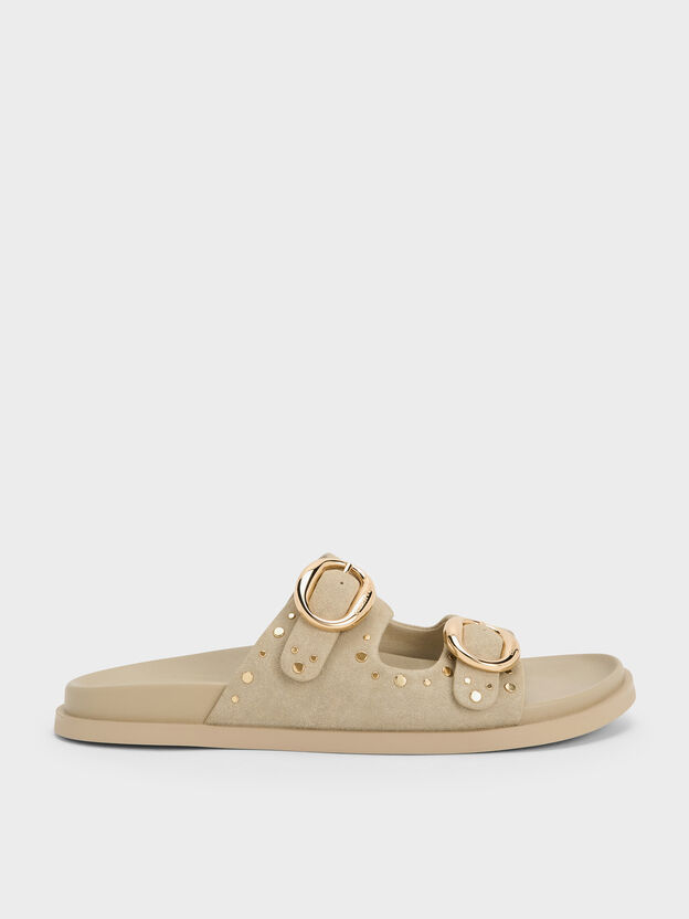 Studded Buckled Double-Strap Slides, Beige, hi-res