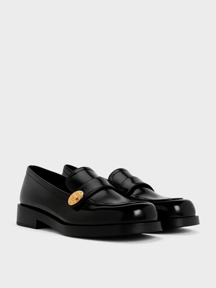 Hettie Metallic-Buckle Strap Loafers, Black Box, hi-res