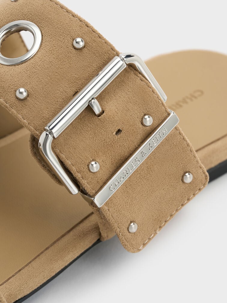 Faux Suede Grommet Buckled Slides, Sand, hi-res