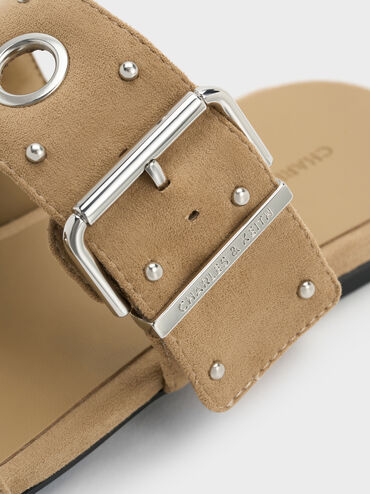 Faux Suede Grommet Buckled Slides, Sand, hi-res