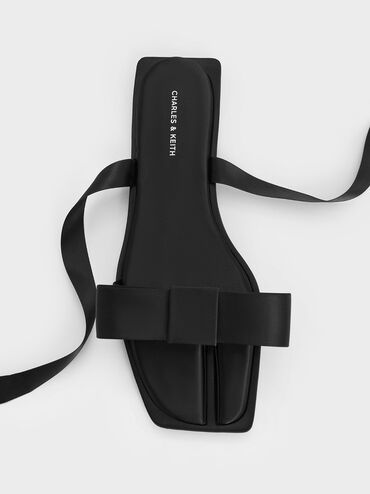 Satin Bow Tie-Around Flat Sandals, Black Textured, hi-res