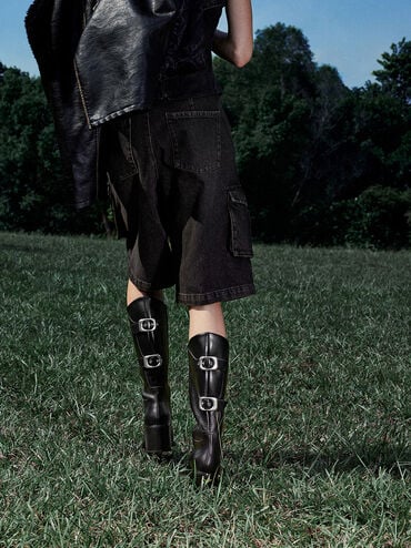 Masei Grommet-Strap Knee-High Boots, Black, hi-res