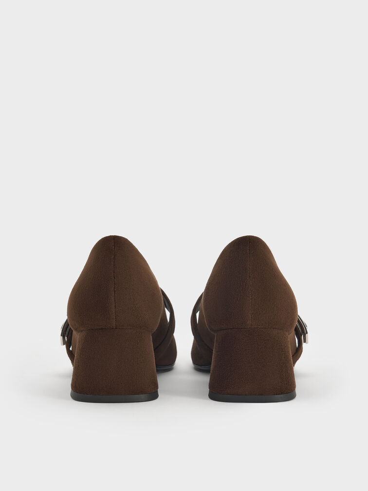 Lando Faux Suede Metallic-Buckle Mary Jane Pumps, Dark Brown Textured, hi-res