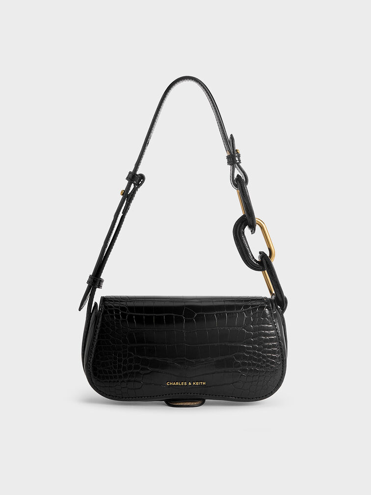 Mini Kora Croc-Effect Metallic-Accent Elongated Bag, Black, hi-res