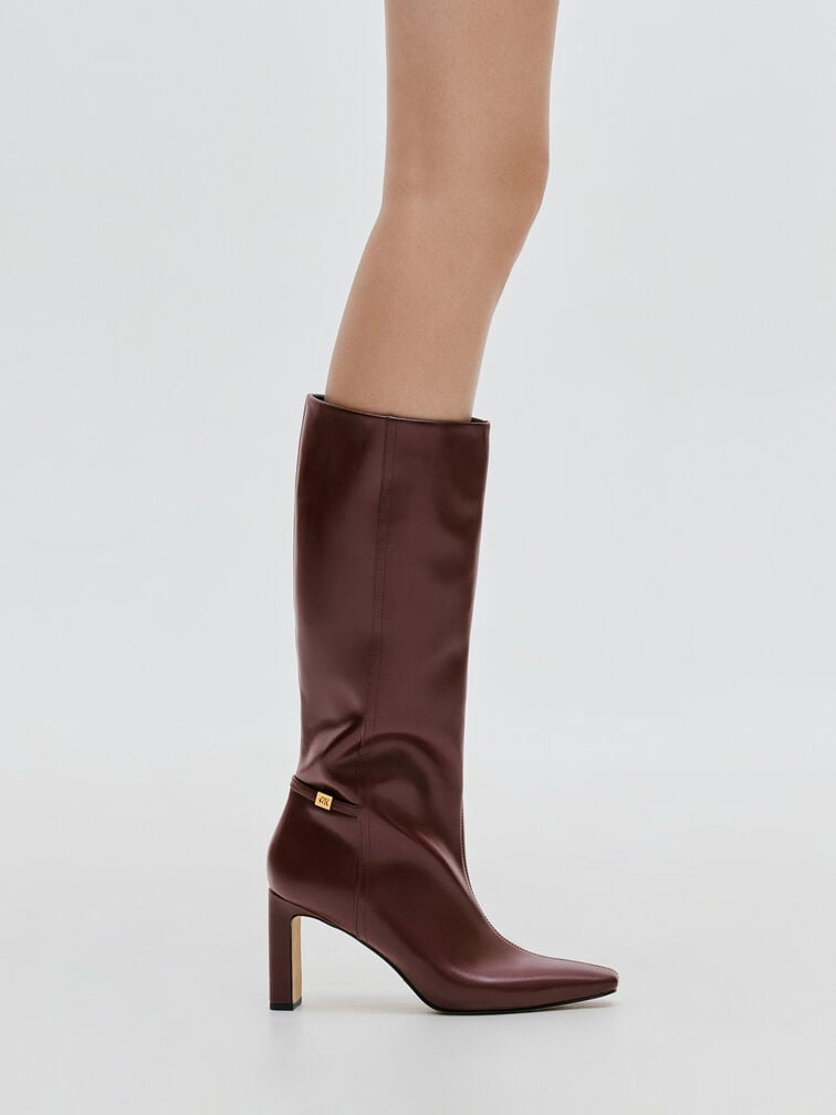 Georgina Leather Tapered Square-Toe Blade-Heel Knee-High Boots, Burgundy, hi-res