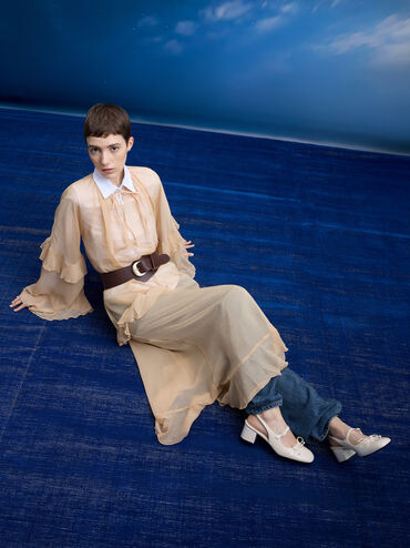 Patent Bow Crystal-Pearl Slingback Mary Jane Pumps, Chalk, hi-res