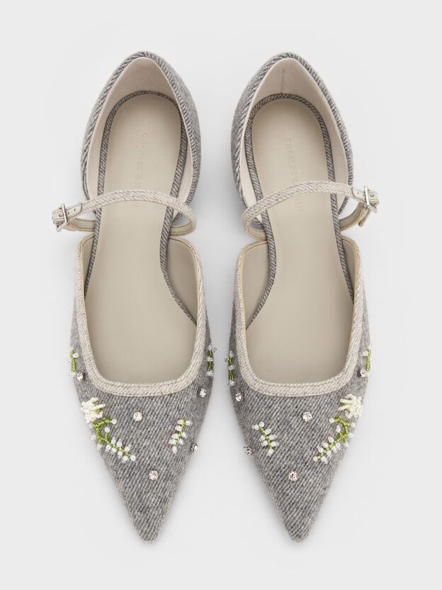 Twill Bead-Flower Mary Janes, Grey, hi-res