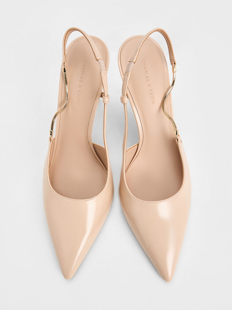 Chain-Strap Pointed-Toe Slingback Pumps, Nude, hi-res