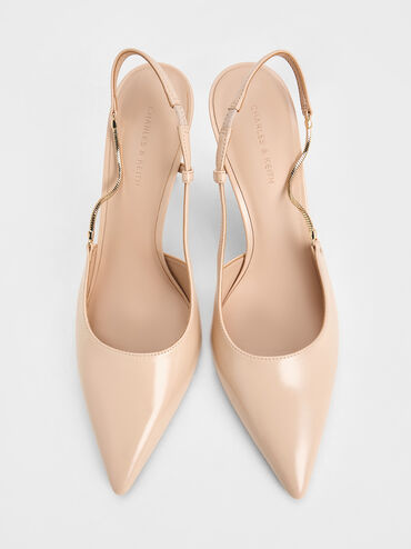 Chain-Strap Pointed-Toe Slingback Pumps, Nude, hi-res