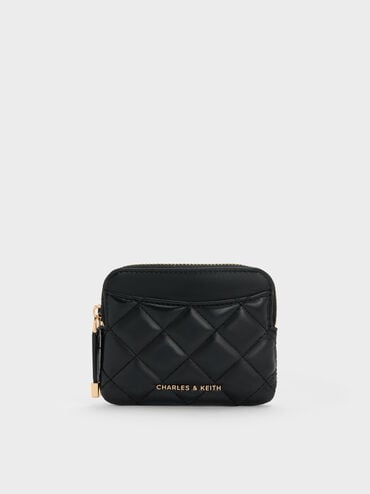 Alva Quilted Top-Zip Card Holder, Black, hi-res