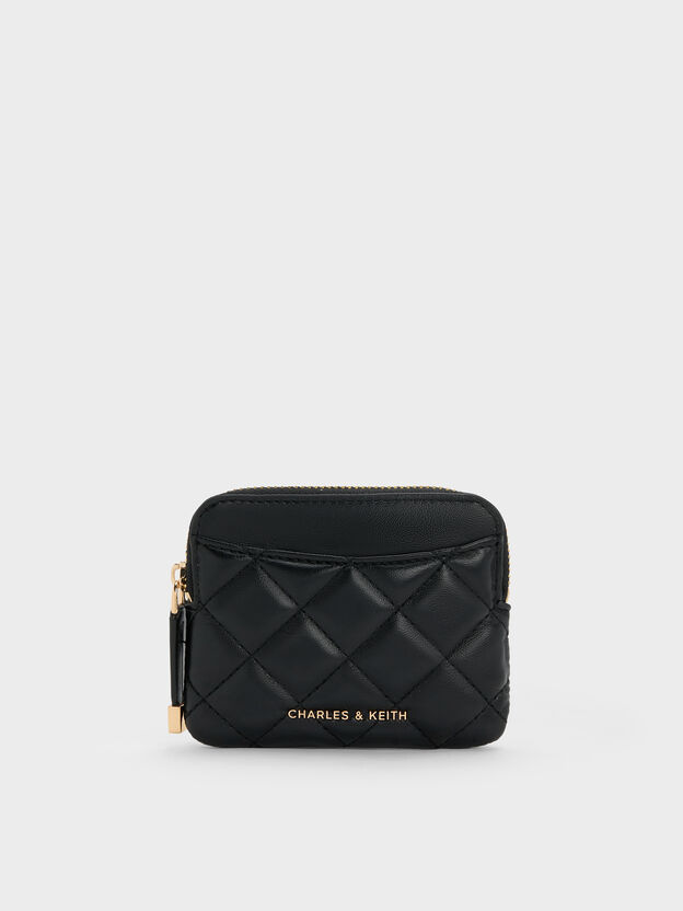 Alva Quilted Top-Zip Card Holder, Black, hi-res