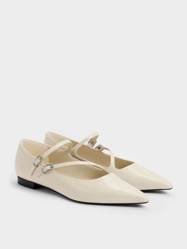 Patent Crystal-Buckle Double-Strap Mary Janes, Chalk, hi-res