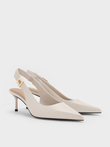 Cody Leather Pointed-Toe Kitten-Heel Slingback Pumps, Chalk, hi-res