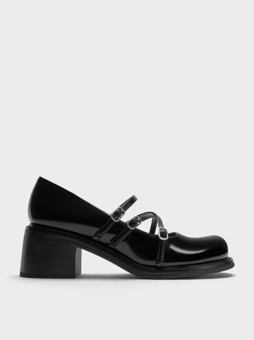 Triple-Strap Crossover Block-Heel Mary Janes, Black Box, hi-res