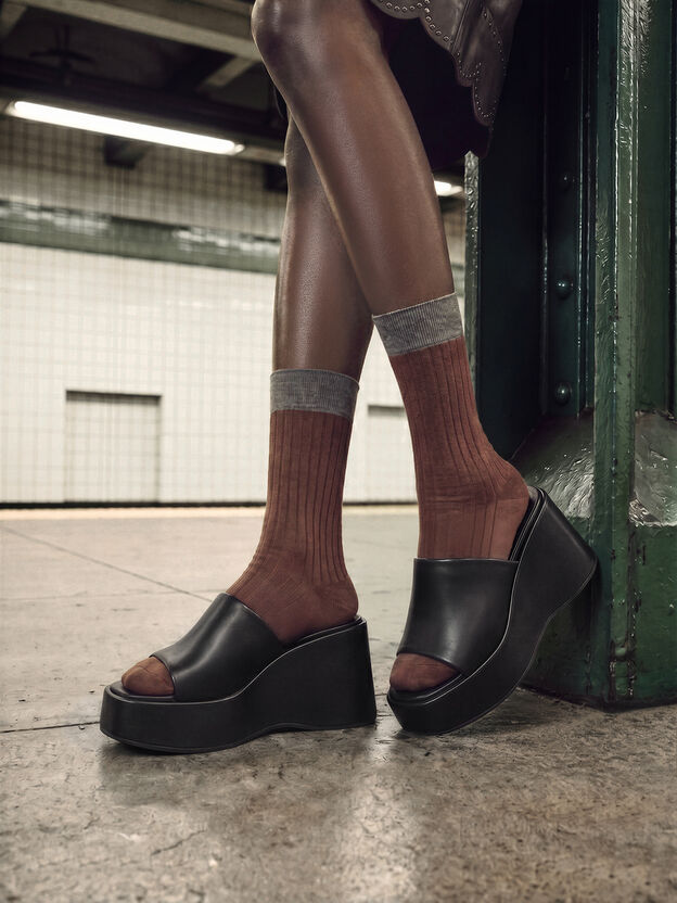 Wide-Strap Platform Wedges, Black, hi-res
