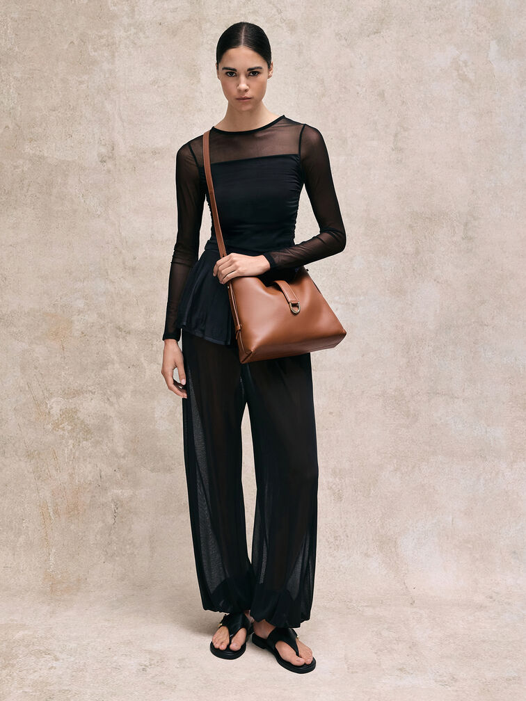 Gabine Leather Belted Hobo Bag, Chocolate, hi-res