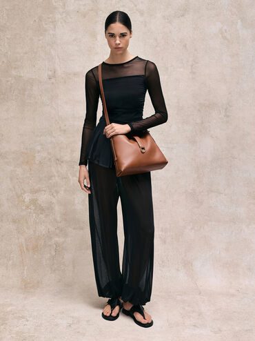 Gabine Leather Belted Hobo Bag, Chocolate, hi-res