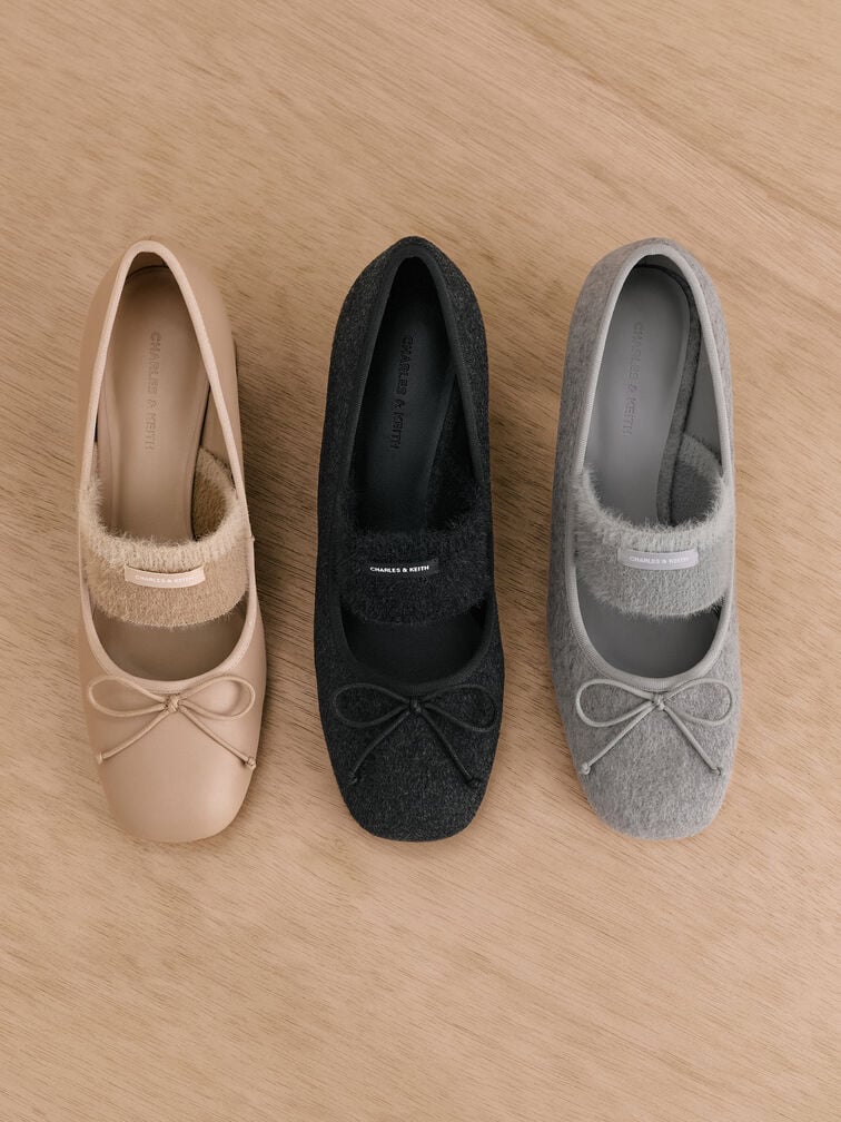 Winona Felt Bow Furry-Strap Mary Jane Pumps, Light Grey, hi-res