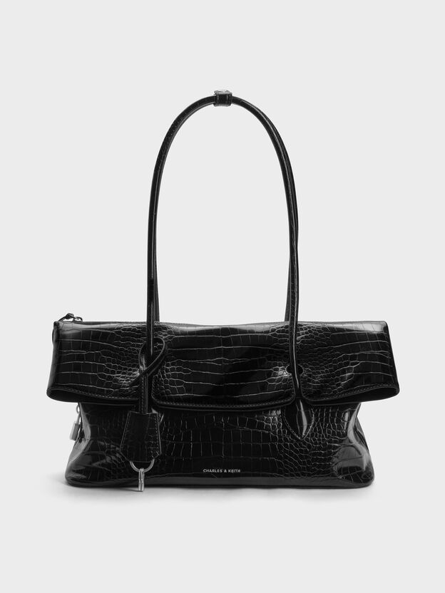 Aveline Croc-Effect Front-Flap Shoulder Bag, Black Croco, hi-res