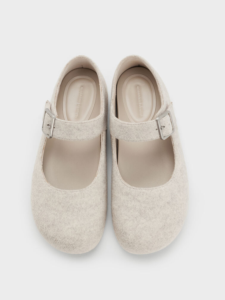 Felt Buckled Mary Jane Flats, Light Grey, hi-res