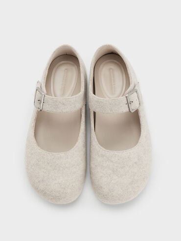 Felt Buckled Mary Jane Flats, Light Grey, hi-res