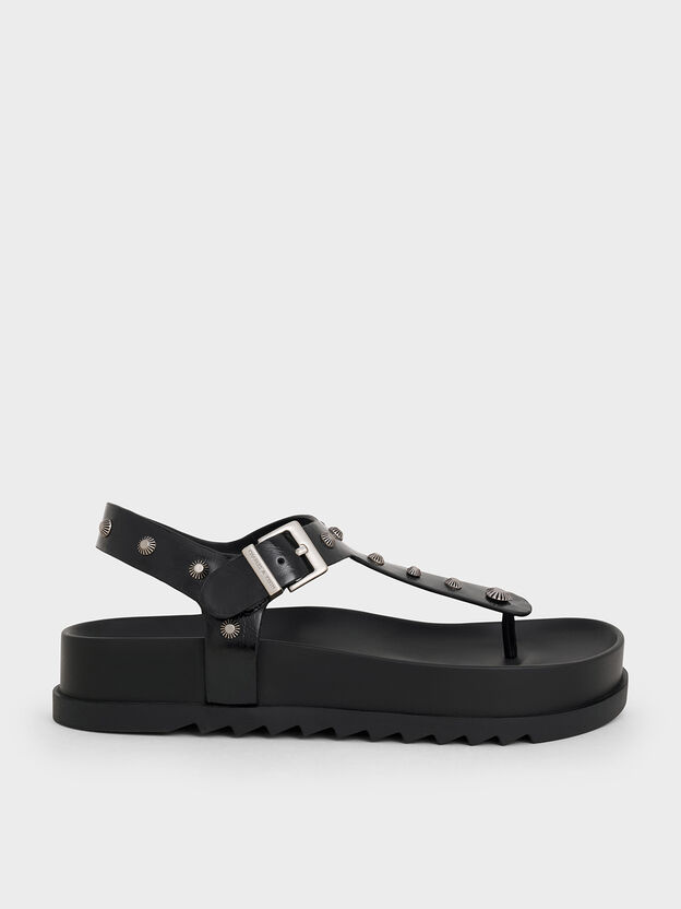 Studded Heart-Embellished Thong Sandals, Black, hi-res