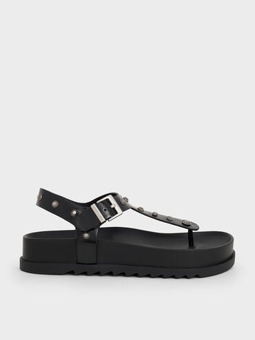 Studded Heart-Embellished Thong Sandals, Black, hi-res