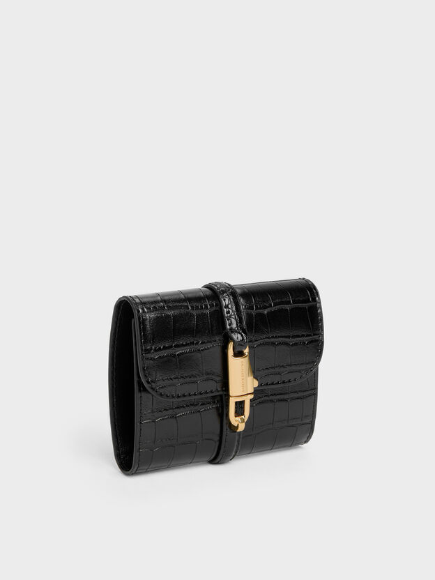 Delfina Croc-Effect Small Wallet, Black Croco, hi-res