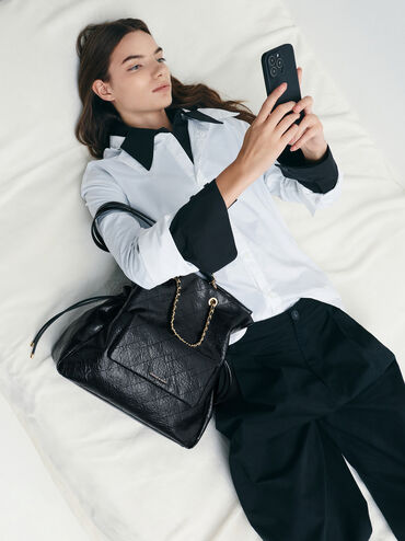 Duo Quilted Braided-Strap Drawstring Two-Way Backpack, Black, hi-res